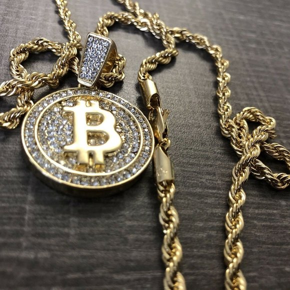 Bitcoin Pendant 14k Gold 24" Chain - Picture 1 of 5